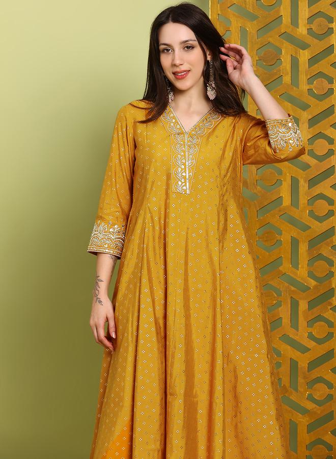 globus Women Mustard Zari Embroidered Kurta and Wide Leg Pants Set - Image 5